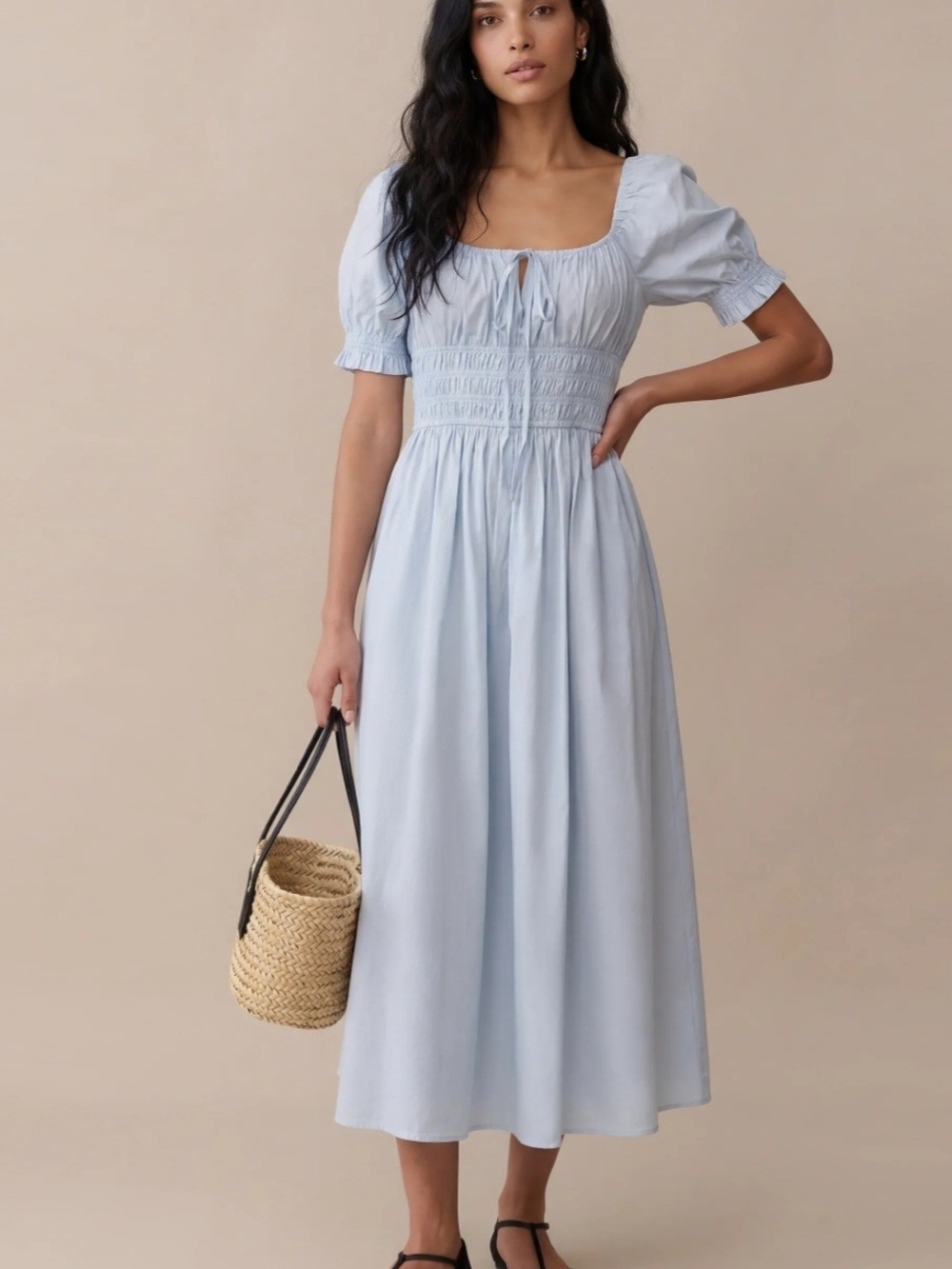 Few Moda Atelier Sorella Smocked Puff-Sleeve Midi Dress in Light Blue